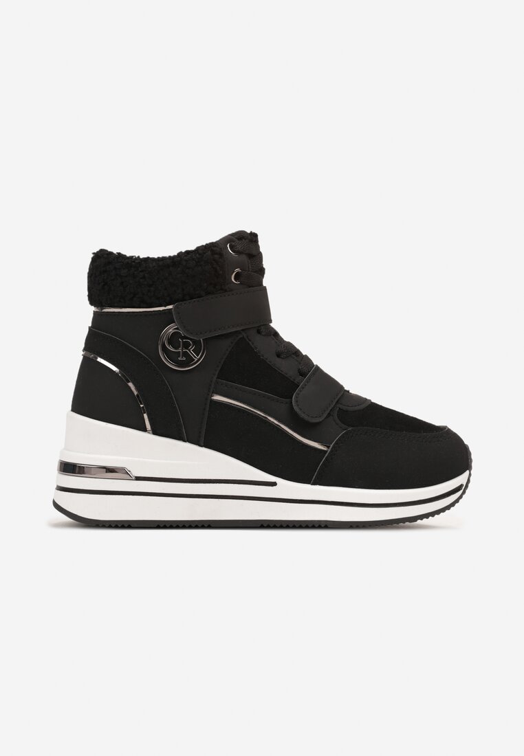 Czarne Sneakersy na Koturnie z Metalicznymi Wstawkami i Sztucznym Futerkiem Lerilanes