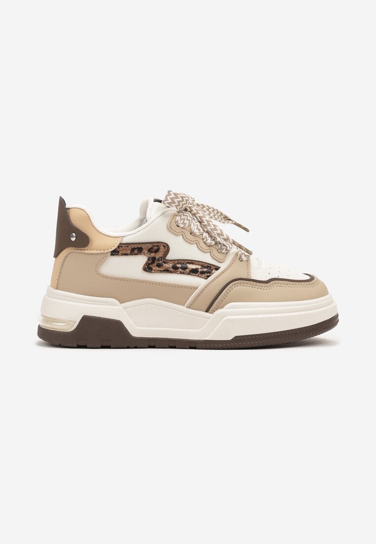 Beżowo-Brązowe Sneakersy z Przeszyciami w Panterkę i Grubą Podeszwą Berinela