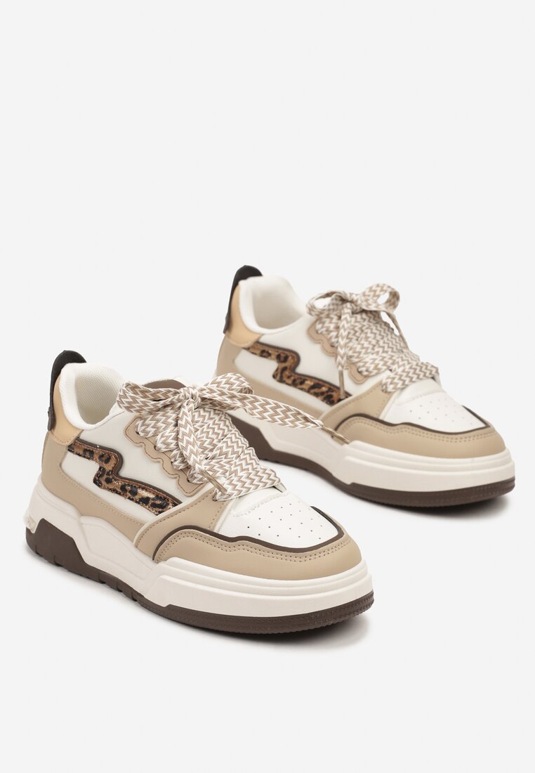 Beżowo-Brązowe Sneakersy z Przeszyciami w Panterkę i Grubą Podeszwą Berinela