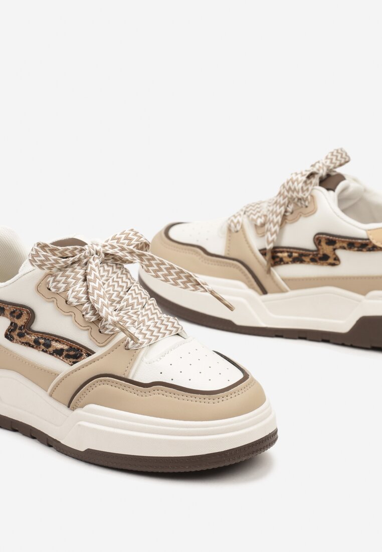 Beżowo-Brązowe Sneakersy z Przeszyciami w Panterkę i Grubą Podeszwą Berinela