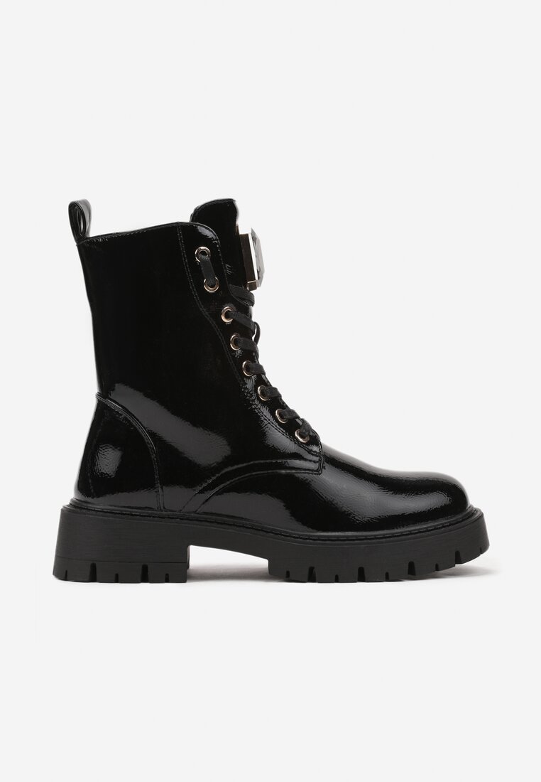 Czarne Sznurowane Botki na Platformie w Stylu Workerów z Aplikacją Kryształka Arrelae