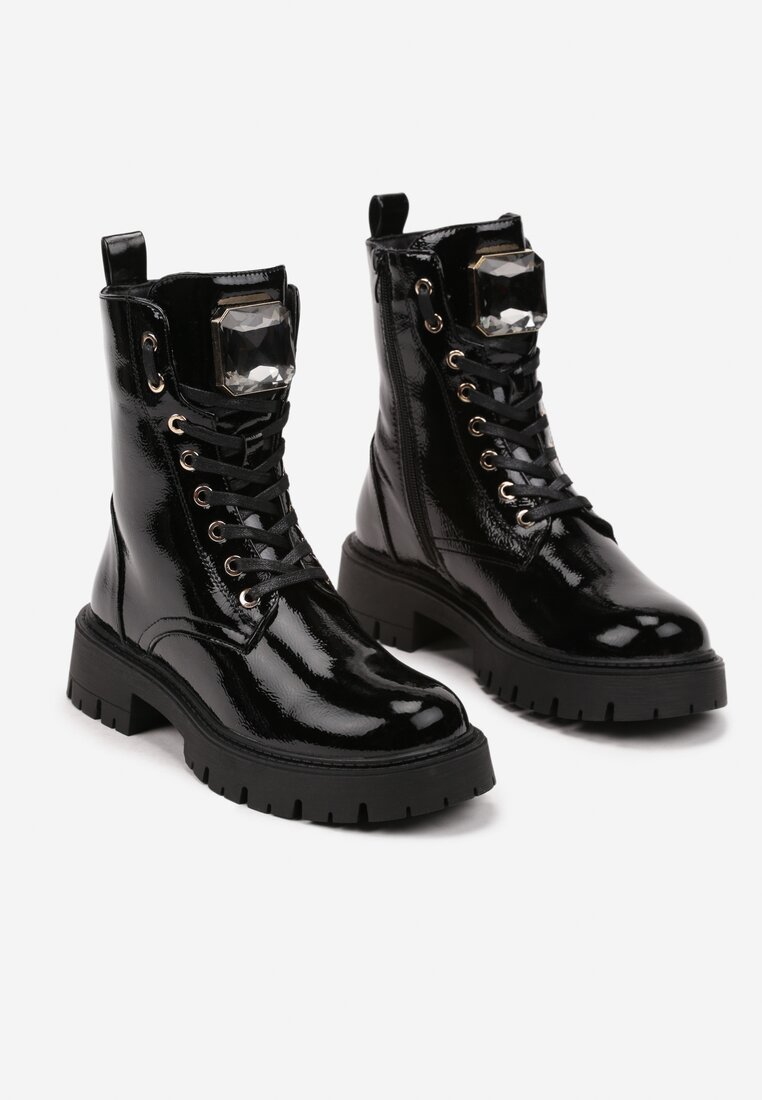Czarne Sznurowane Botki na Platformie w Stylu Workerów z Aplikacją Kryształka Arrelae