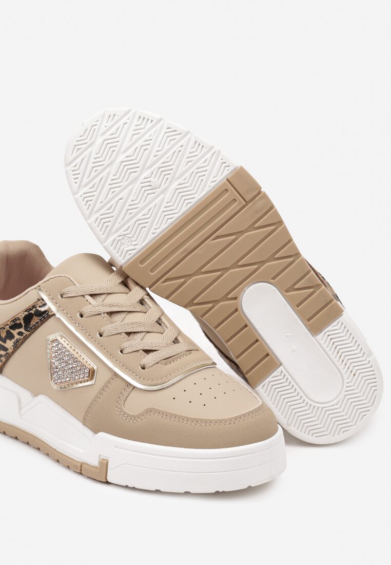 Beżowo-Brązowe Sneakersy na Platformie z Cyrkoniową Aplikacją Rexania