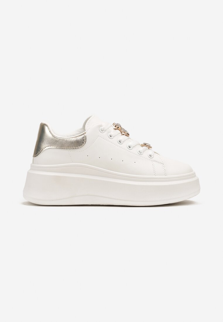 Biało-Złote Sneakersy na Grubej Podeszwie ze Złotymi Ozdobami na Sznurówkach i Wstawką na Pięcie Rexisa