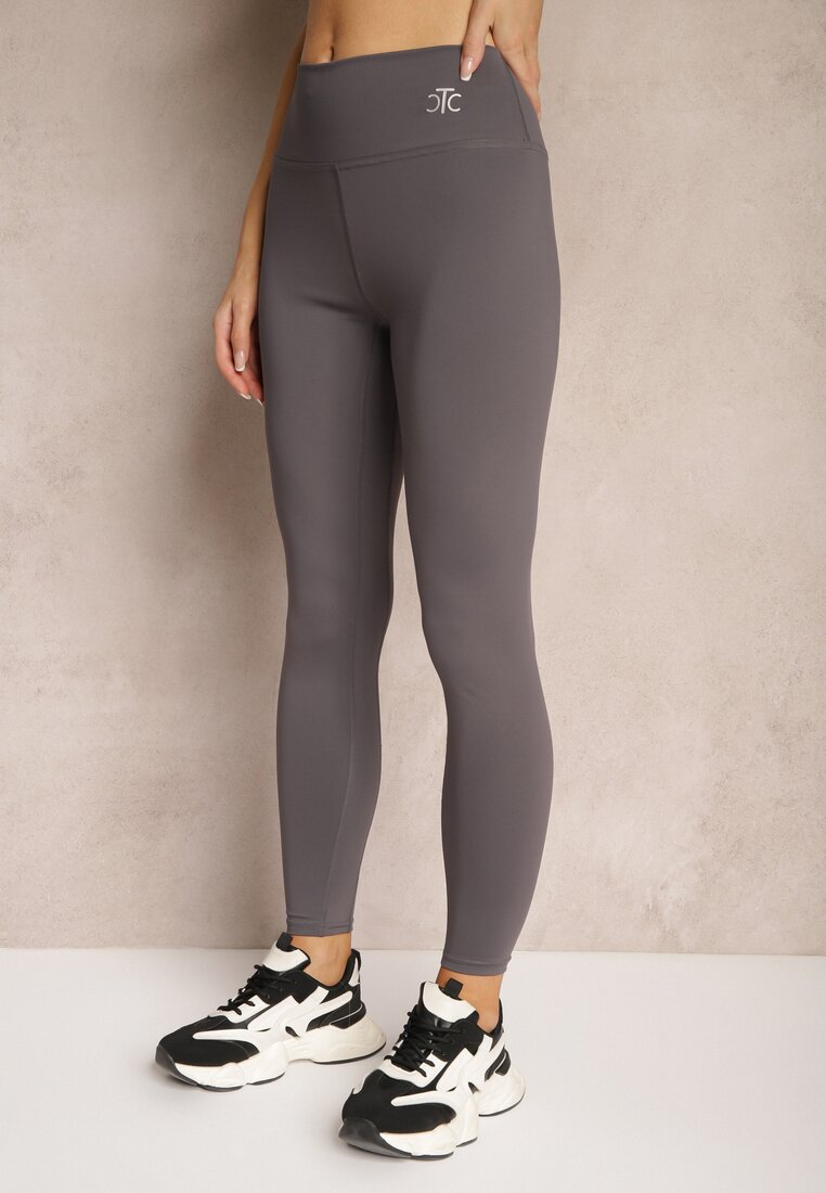 Ciemnoszare Sportowe Legginsy High Waist z Małym Ozdobnym Znaczkiem Lerilane
