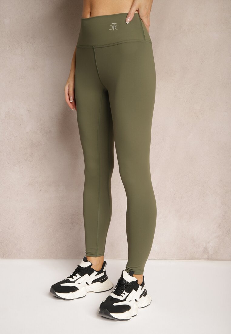 Ciemnozielone Sportowe Legginsy High Waist z Małym Ozdobnym Znaczkiem Lerilane