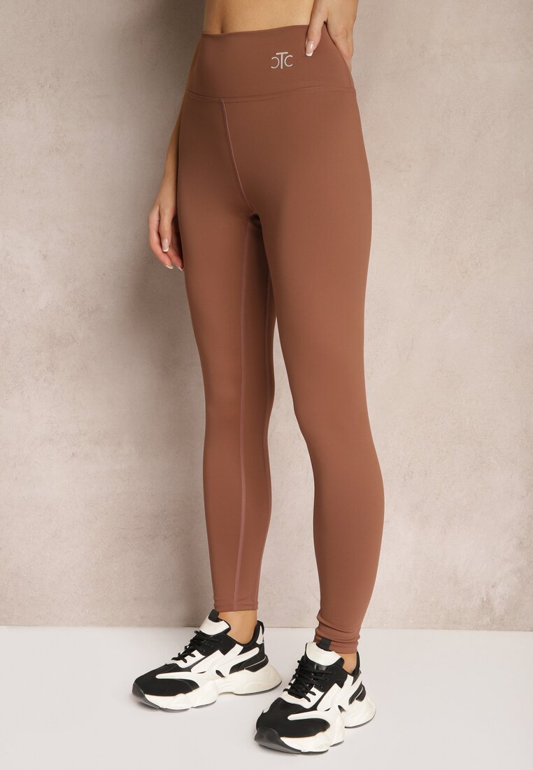 Brązowe Sportowe Legginsy High Waist z Małym Ozdobnym Znaczkiem Lerilane