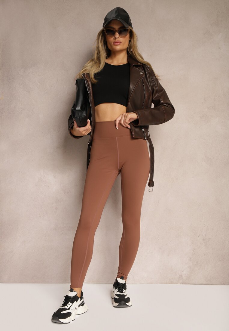 Brązowe Sportowe Legginsy High Waist z Małym Ozdobnym Znaczkiem Lerilane