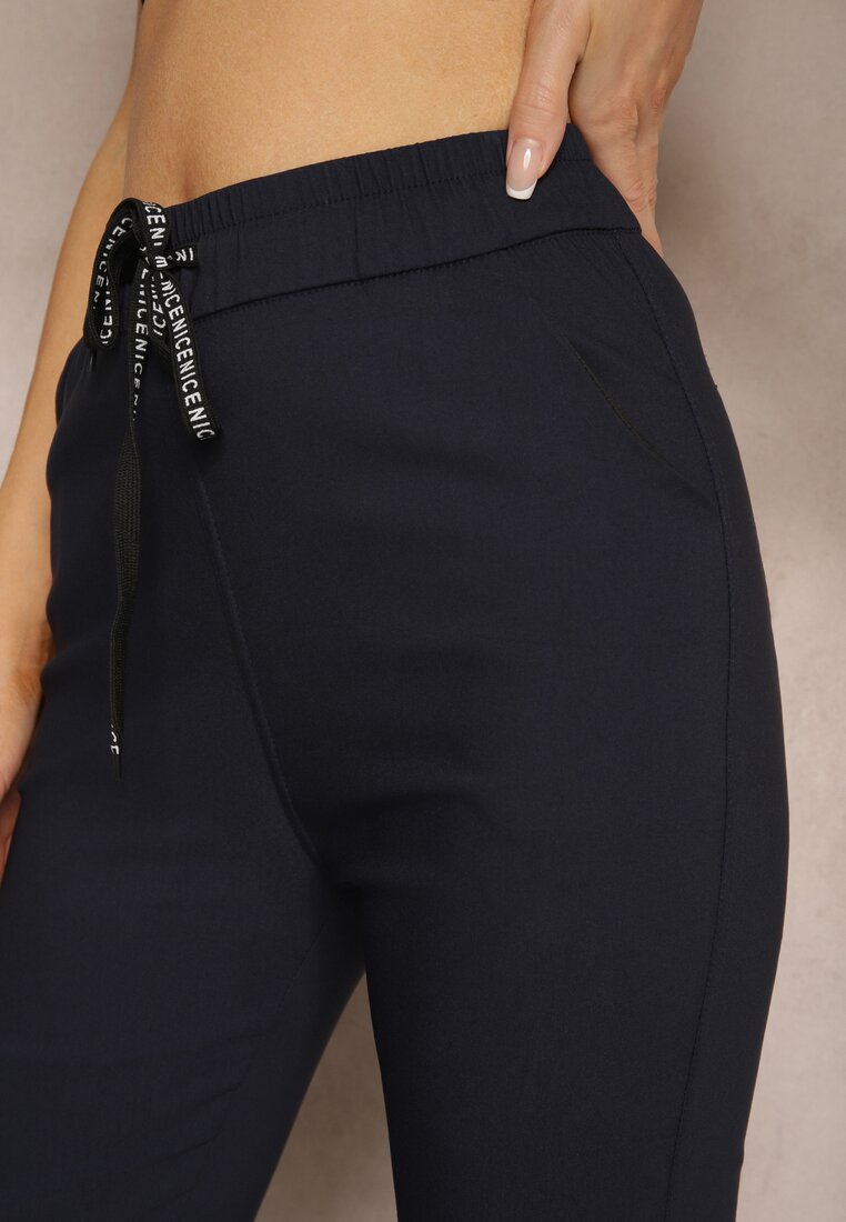 Granatowe Spodnie z Bawełną High Waist z Napisami oraz Gumką w Talii Rilaira