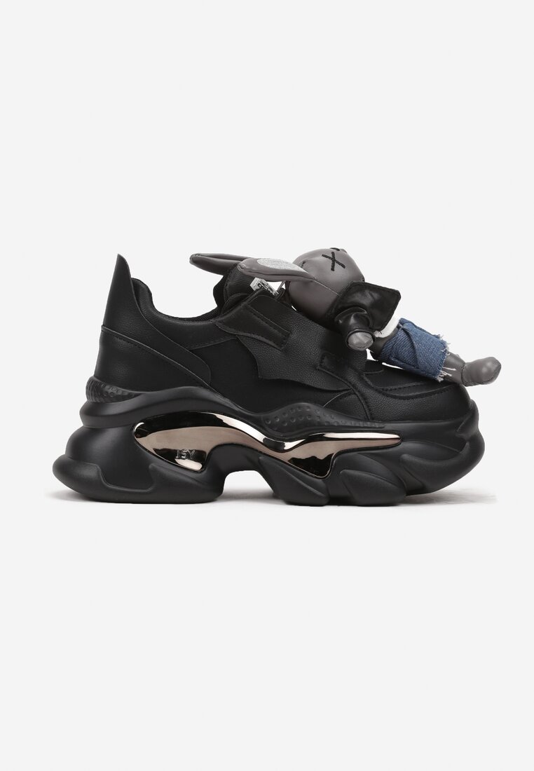 Czarne Sneakersy na Platformie z Odczepianym Królikiem i Metalicznymi Paskami Heslinne
