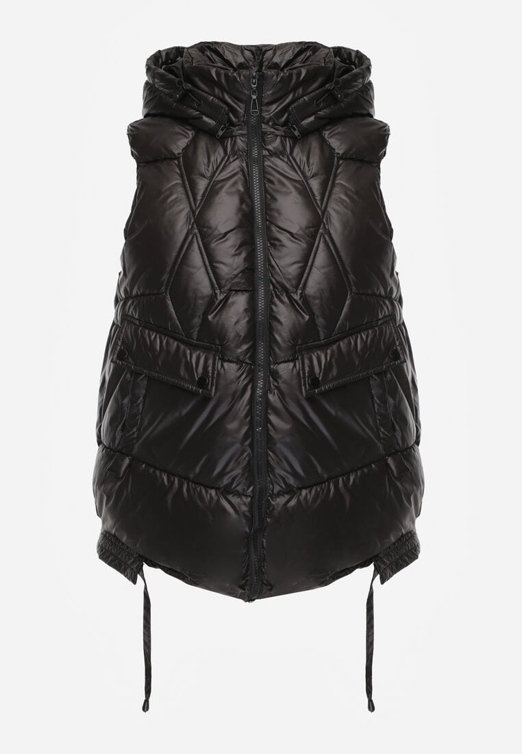 Czarna Pikowana Kamizelka z Troczkami i Odpinanym Kapturem Arrelarra