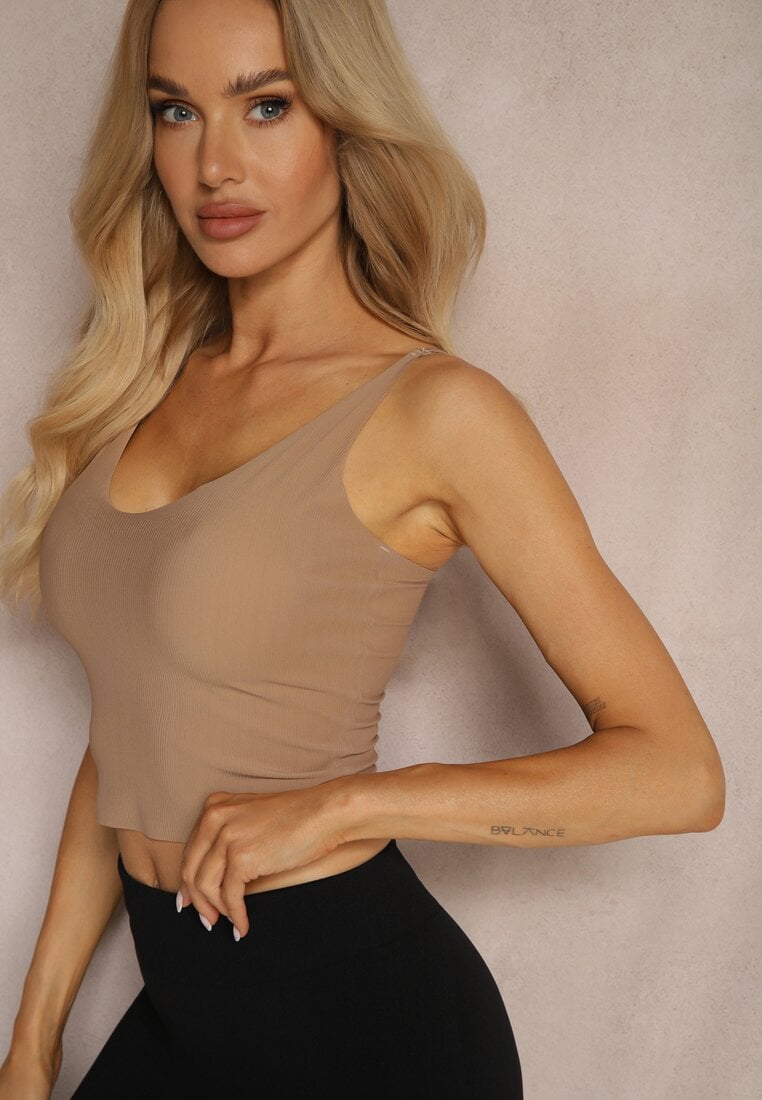 Ciemnobeżowy Tank Top w Prążki z Regulacją Ramiączek Meriann