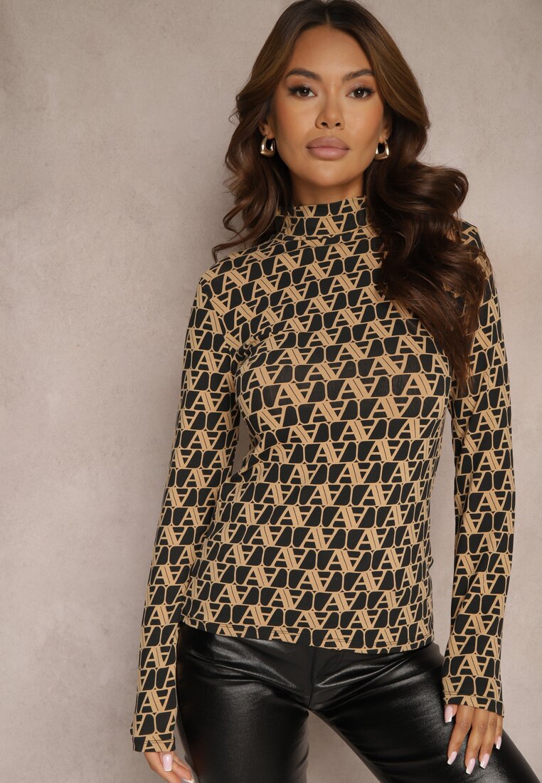 Czarno-Beżowa Bawełniana Bluzka Golf Longsleeve w Literowy Wzór Stelinia
