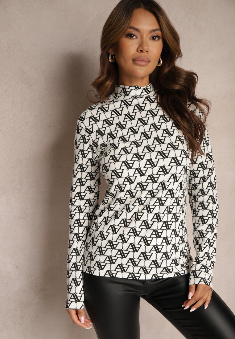 Biało-Czarna Bawełniana Bluzka Golf Longsleeve w Literowy Wzór Stelinia