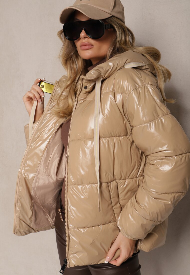 Beżowa Kurtka Pikowana Ozdobiona Połyskiem Arkolla