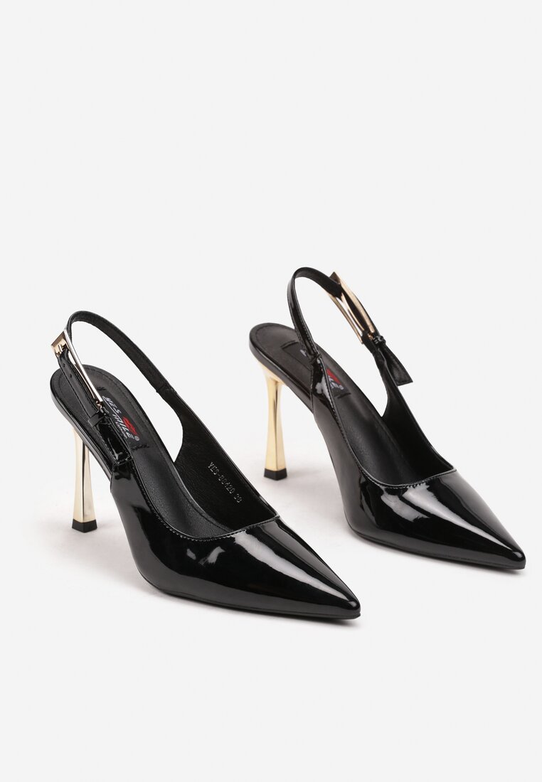 Czarne Szpilki Slingback z Metalicznym Obcasem Arrtilla