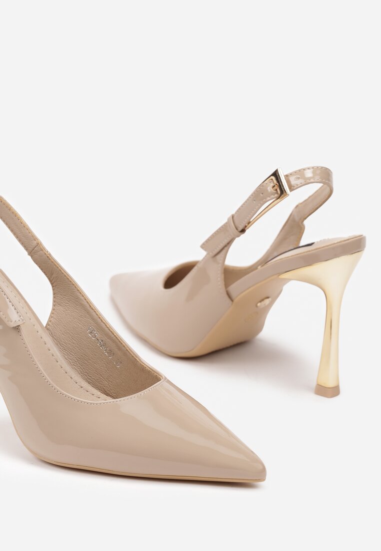Beżowe Szpilki Slingback z Metalicznym Obcasem Arrtilla