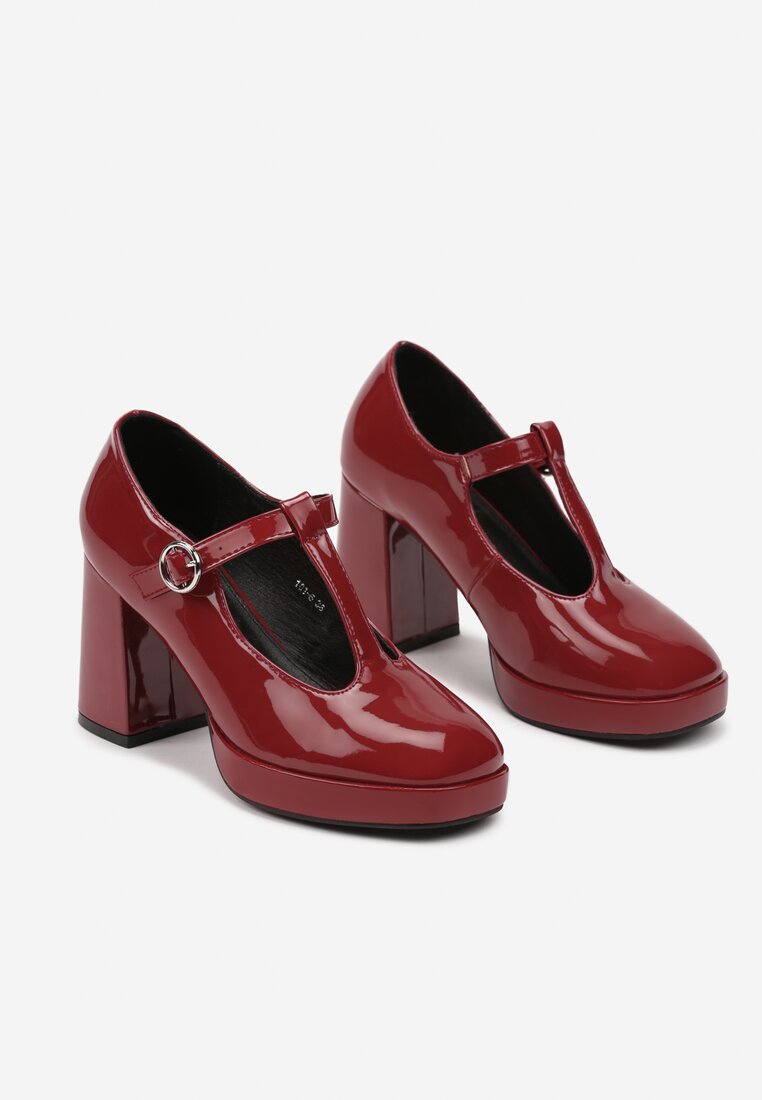 Bordowe Półbuty Lakierowane na Słupku w Stylu Retro Merione