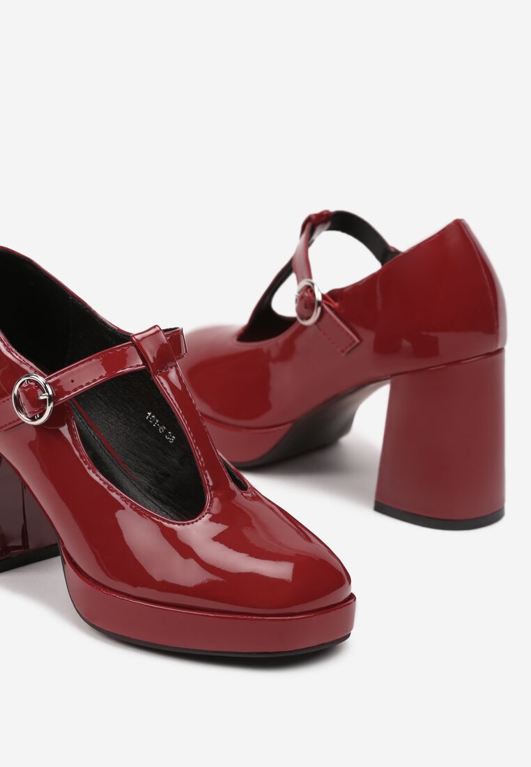 Bordowe Półbuty Lakierowane na Słupku w Stylu Retro Merione