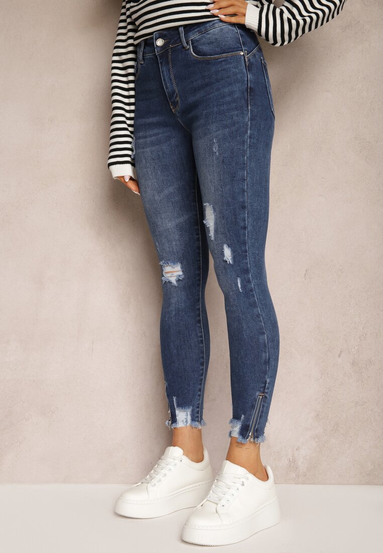 Niebieskie Jeansy Skinny z Bawełny High Waist z Przetarciami Erilisa