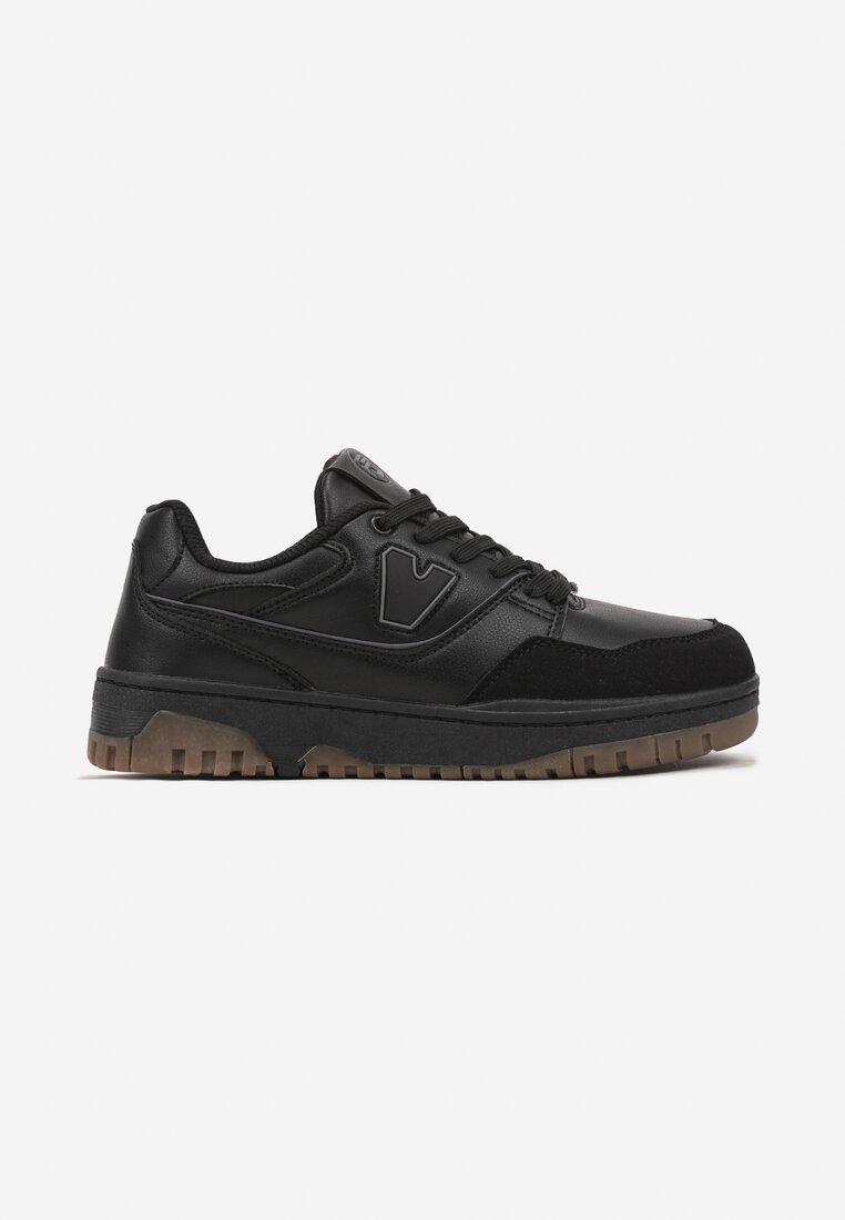 Czarne Sneakersy Sznurowane z Aplikacją na Boku i Przeszyciami Irilian