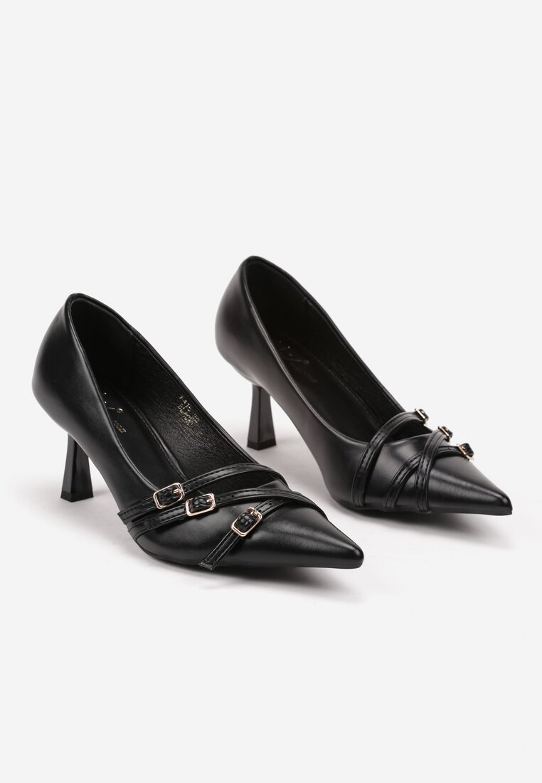 Czarne Czółenka na Obcasie Stiletto z Ozdobnymi Sprzączkami Arstelora