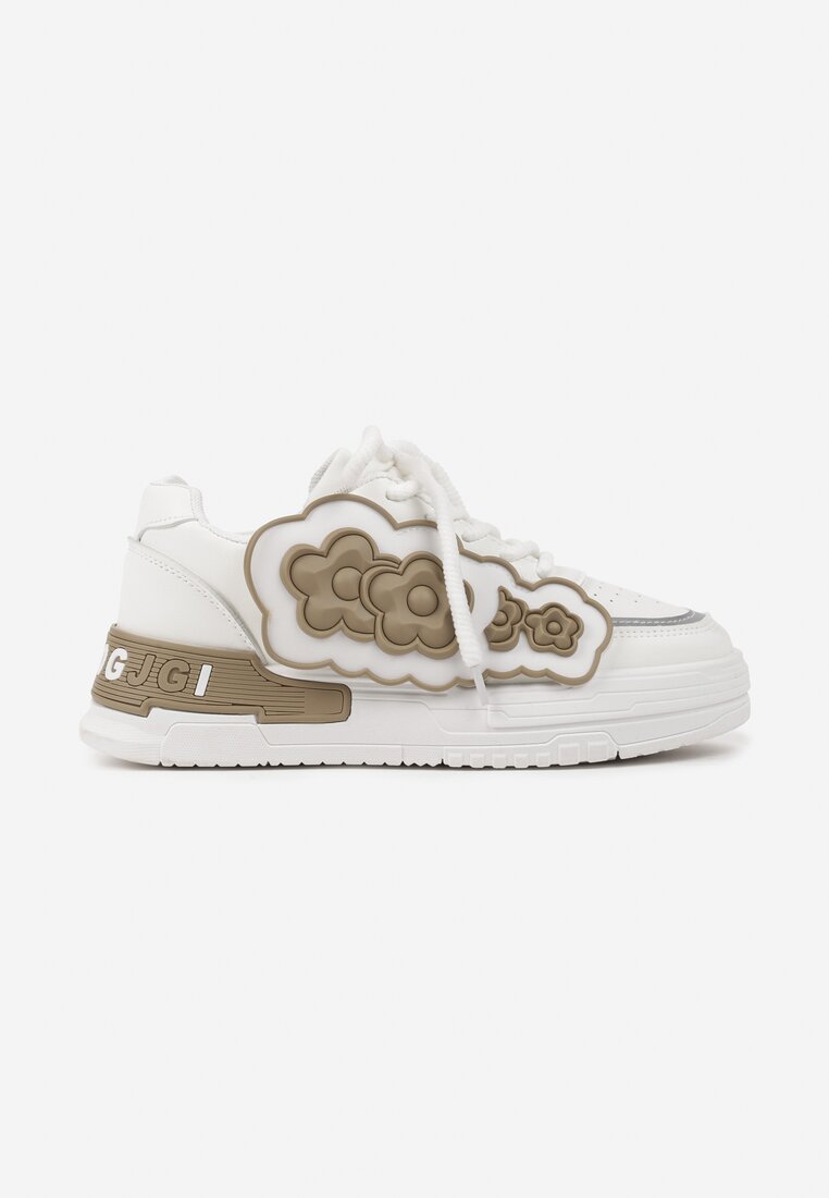 Biało-Beżowe Sneakersy na Niskiej Platformie z Ozdobnymi Kwiatkami na Boku Benavilla