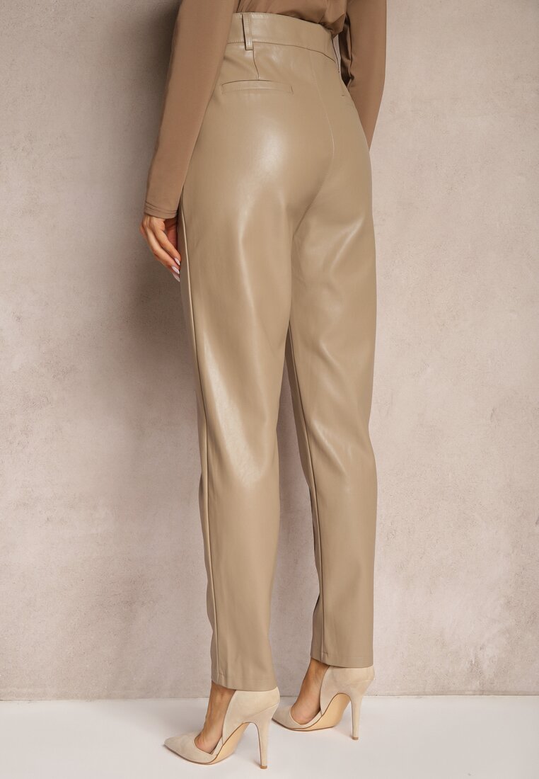 Beżowe Spodnie o Kroju Slim High Waist z Imitacji Skóry Iritharia