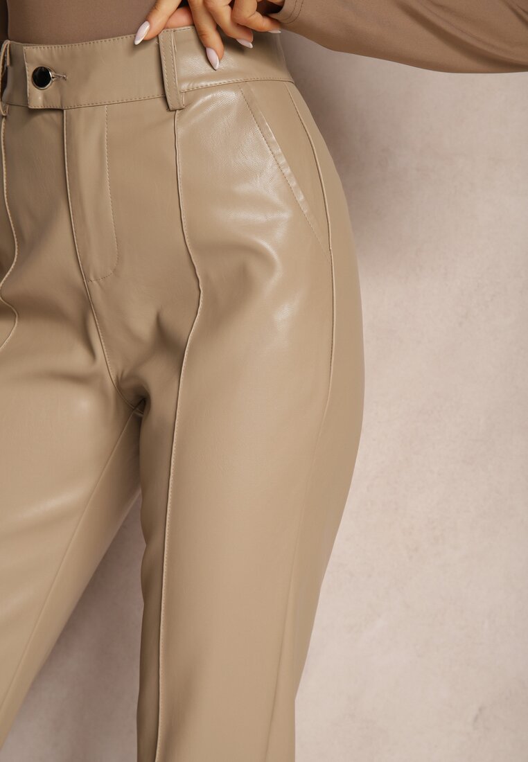 Beżowe Spodnie o Kroju Slim High Waist z Imitacji Skóry Iritharia