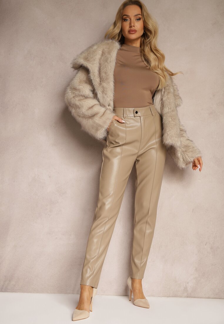 Beżowe Spodnie o Kroju Slim High Waist z Imitacji Skóry Iritharia