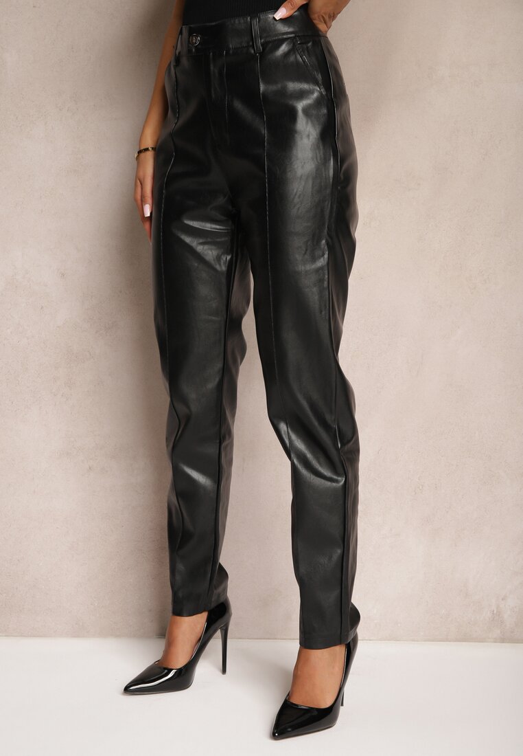 Czarne Spodnie o Kroju Slim High Waist z Imitacji Skóry Iritharia