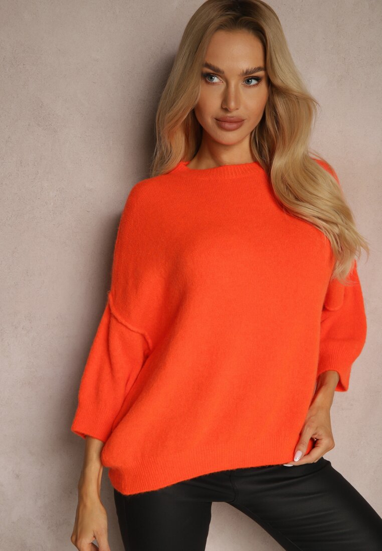 Pomarańczowy Sweter z Wełną z Alpaki i Krótszym Rękawem Irissania