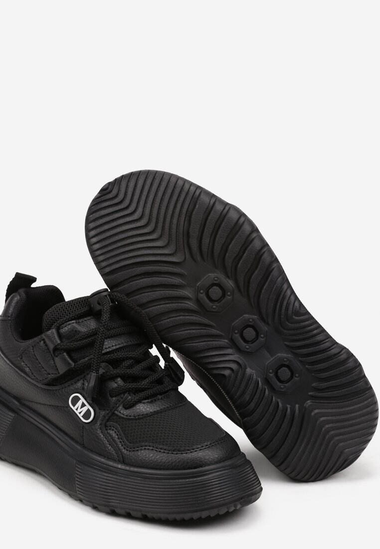 Czarne Buty Sportowe na Grubej Podeszwie z Wkładką z Naturalnej Skóry Oilika