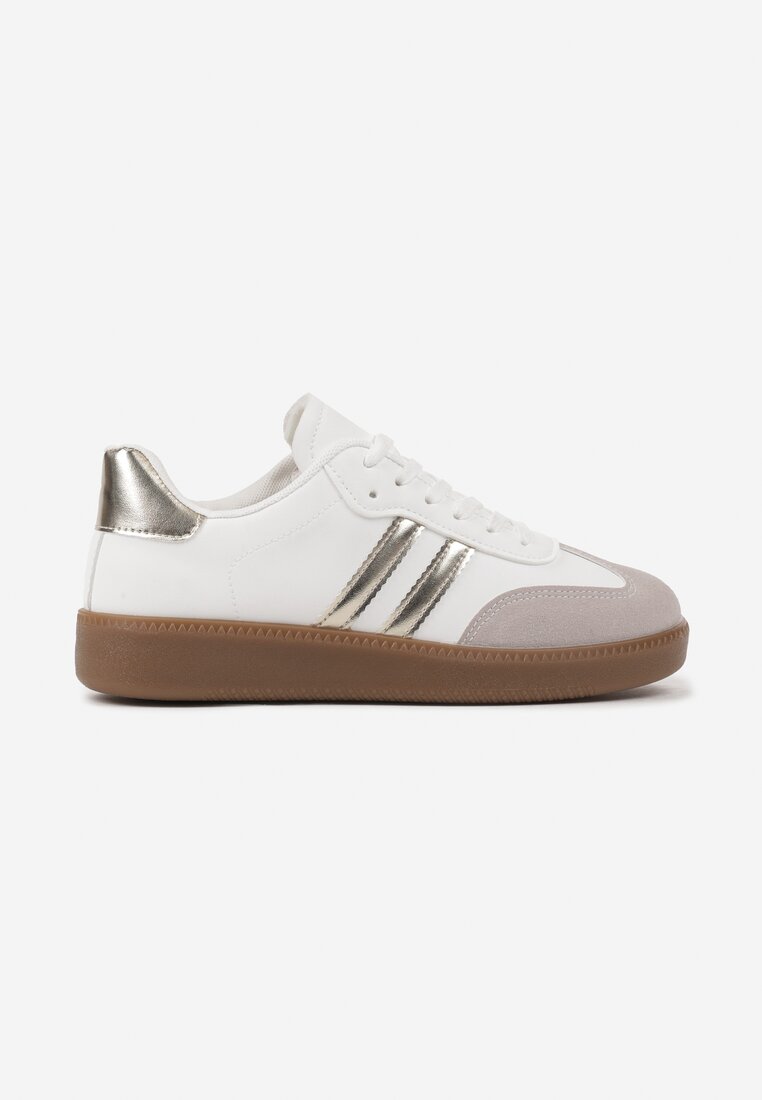 Biało-Złote Sneakersy na Płaskiej Podeszwie z Geometrycznym Zdobieniem Irinis