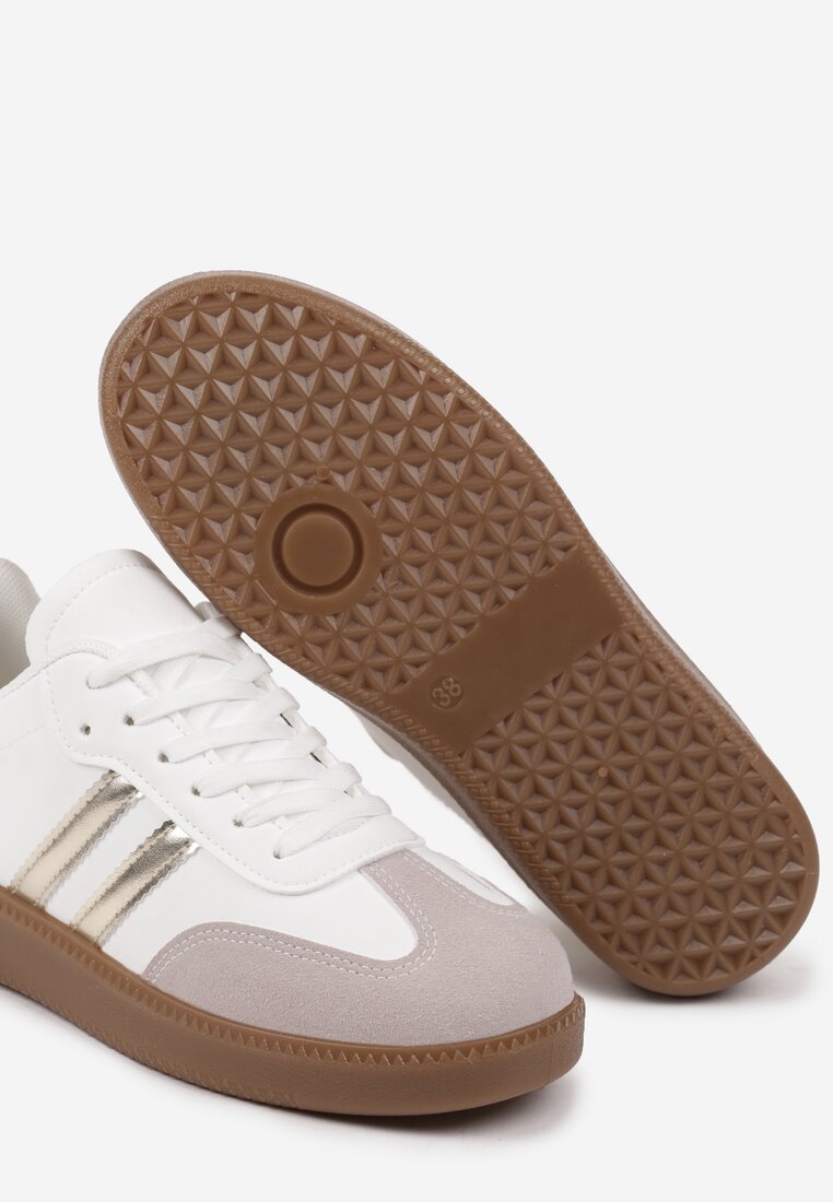 Biało-Złote Sneakersy na Płaskiej Podeszwie z Geometrycznym Zdobieniem Irinis