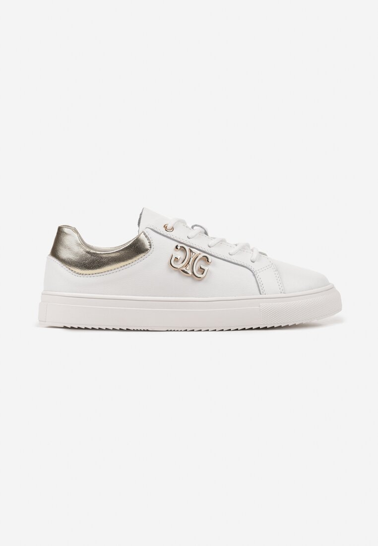 Biało-Złote Sneakersy na Płaskiej Podeszwie ze Skóry Naturalnej z Aplikacją 3D Milisea