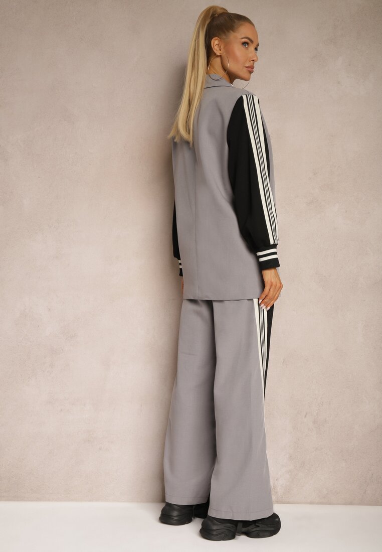 Szary Streetwearowy Komplet z Marynarką i Spodniami Wide Leg w Prążki Naorin