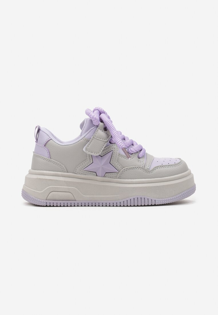 Szaro-Fioletowe Buty Sportowe Sneakersy na Niskiej Platformie z Aplikacją w Kształcie Gwiazdy Eravani