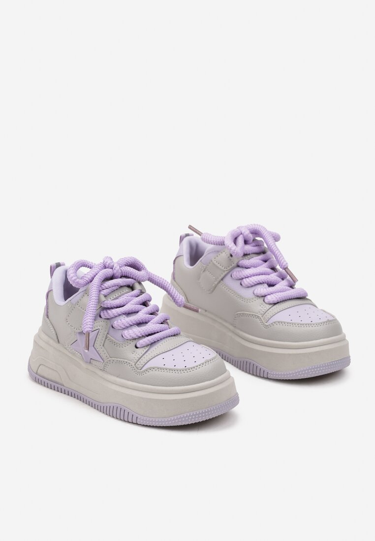 Szaro-Fioletowe Buty Sportowe Sneakersy na Niskiej Platformie z Aplikacją w Kształcie Gwiazdy Eravani