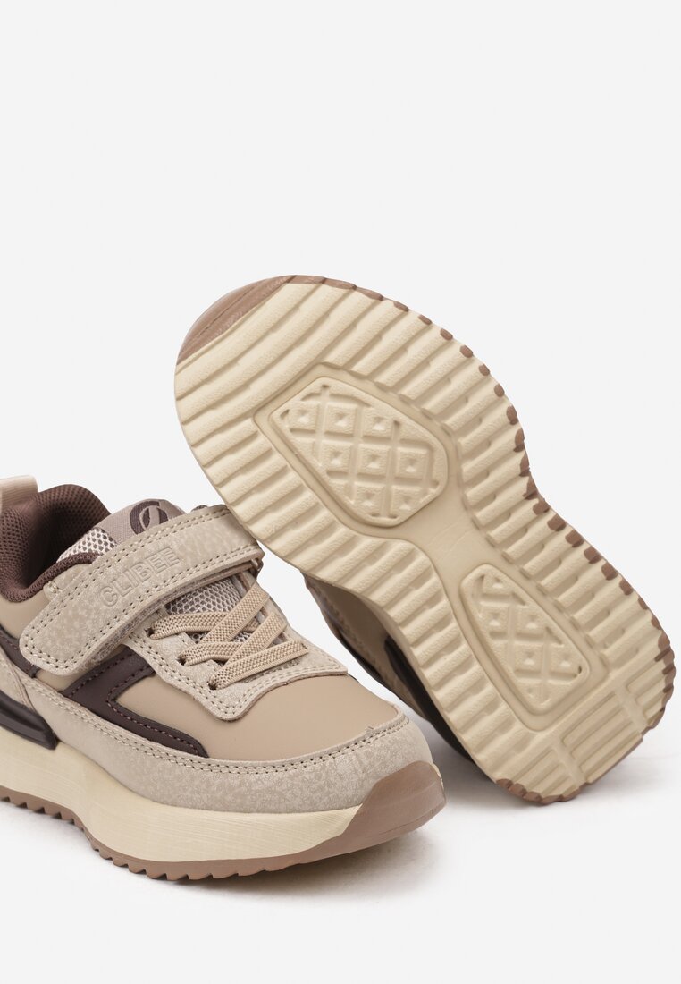 Ciemnobeżowe Buty Sportowe Sneakersy na Płaskiej Podeszwie z Ozdobnymi Paskami Avonira