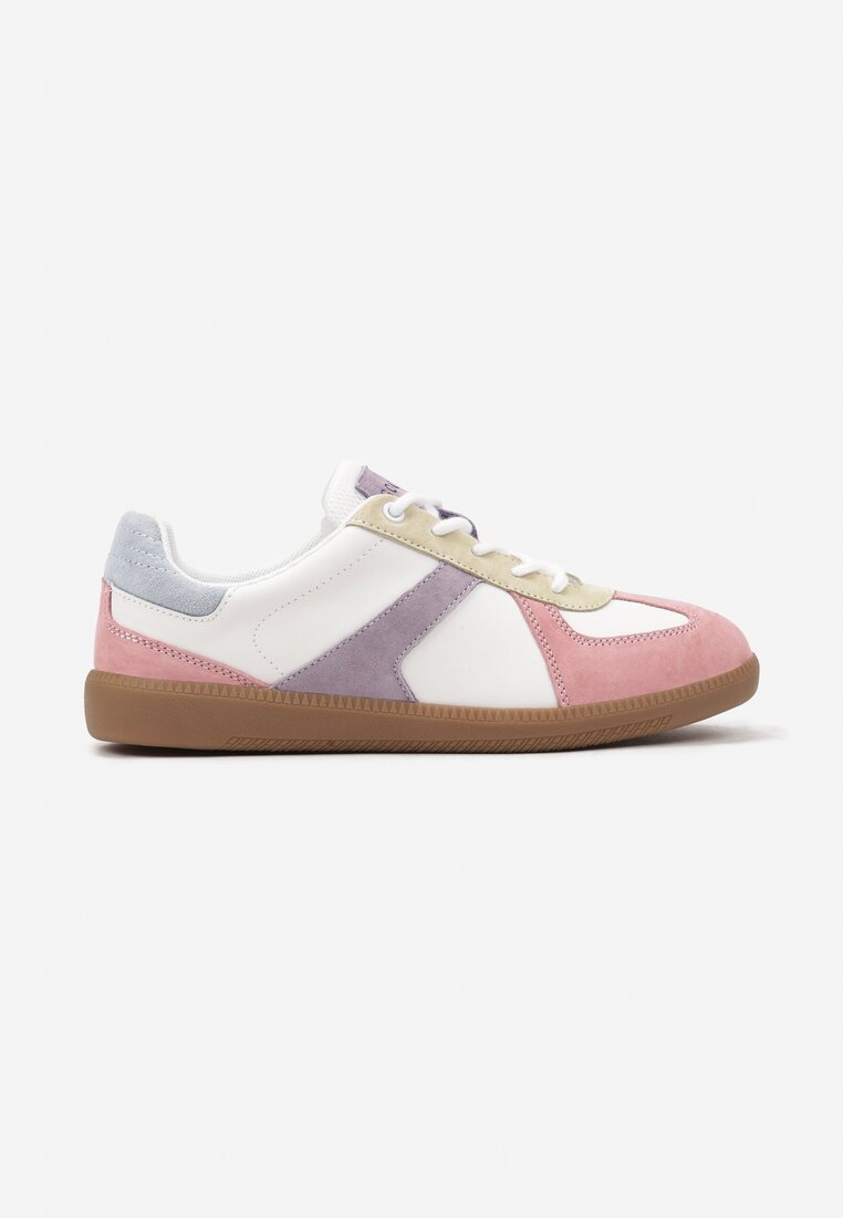 Różowo-Białe Sneakersy ze Skóry Naturalnej na Płaskiej Podeszwie z Ozdobnymi Przeszyciami Verima