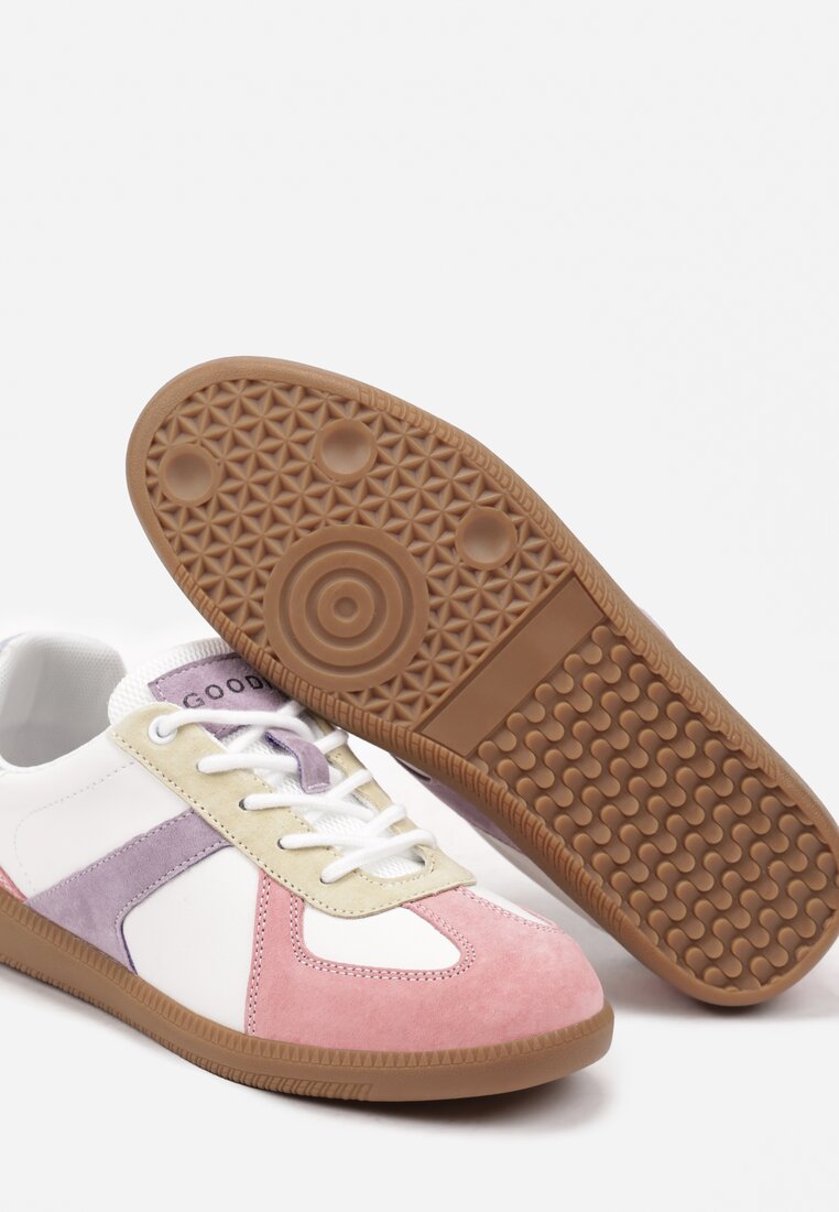 Różowo-Białe Sneakersy ze Skóry Naturalnej na Płaskiej Podeszwie z Ozdobnymi Przeszyciami Verima