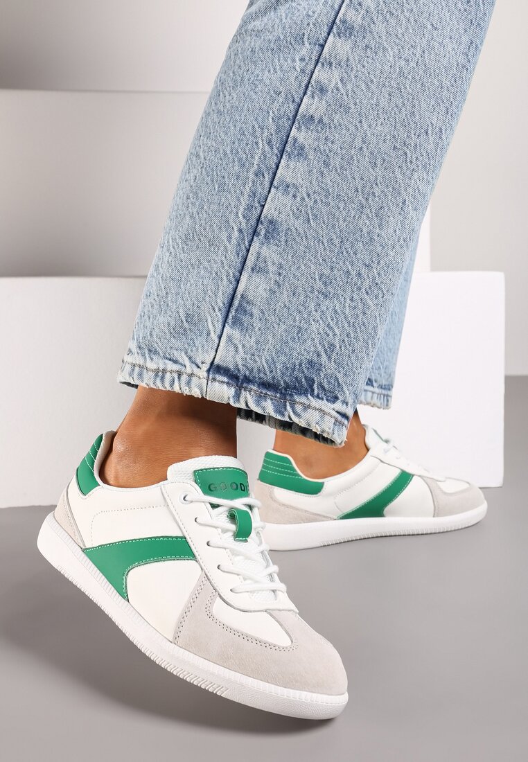 Biało-Zielone Sneakersy ze Skóry Naturalnej na Płaskiej Podeszwie z Ozdobnymi Przeszyciami Verima