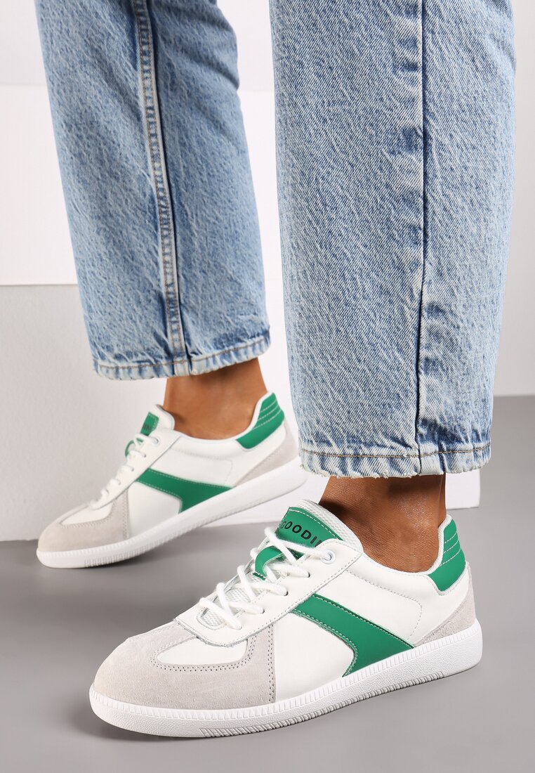 Biało-Zielone Sneakersy ze Skóry Naturalnej na Płaskiej Podeszwie z Ozdobnymi Przeszyciami Verima