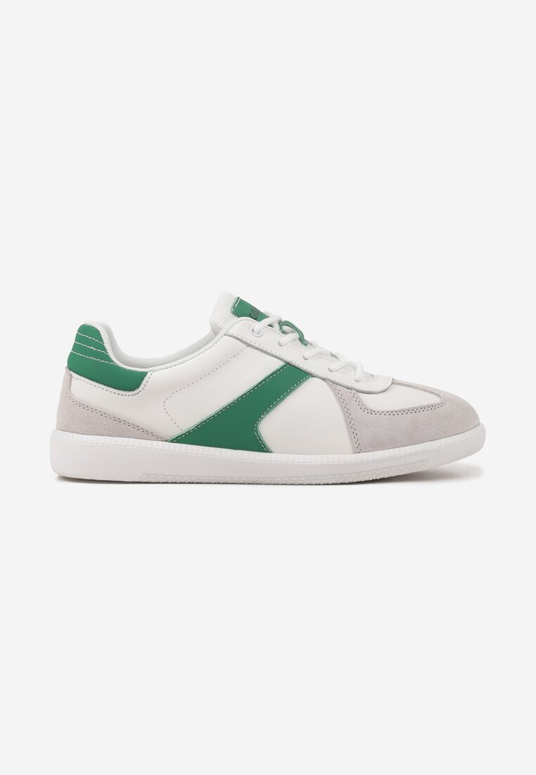 Biało-Zielone Sneakersy ze Skóry Naturalnej na Płaskiej Podeszwie z Ozdobnymi Przeszyciami Verima
