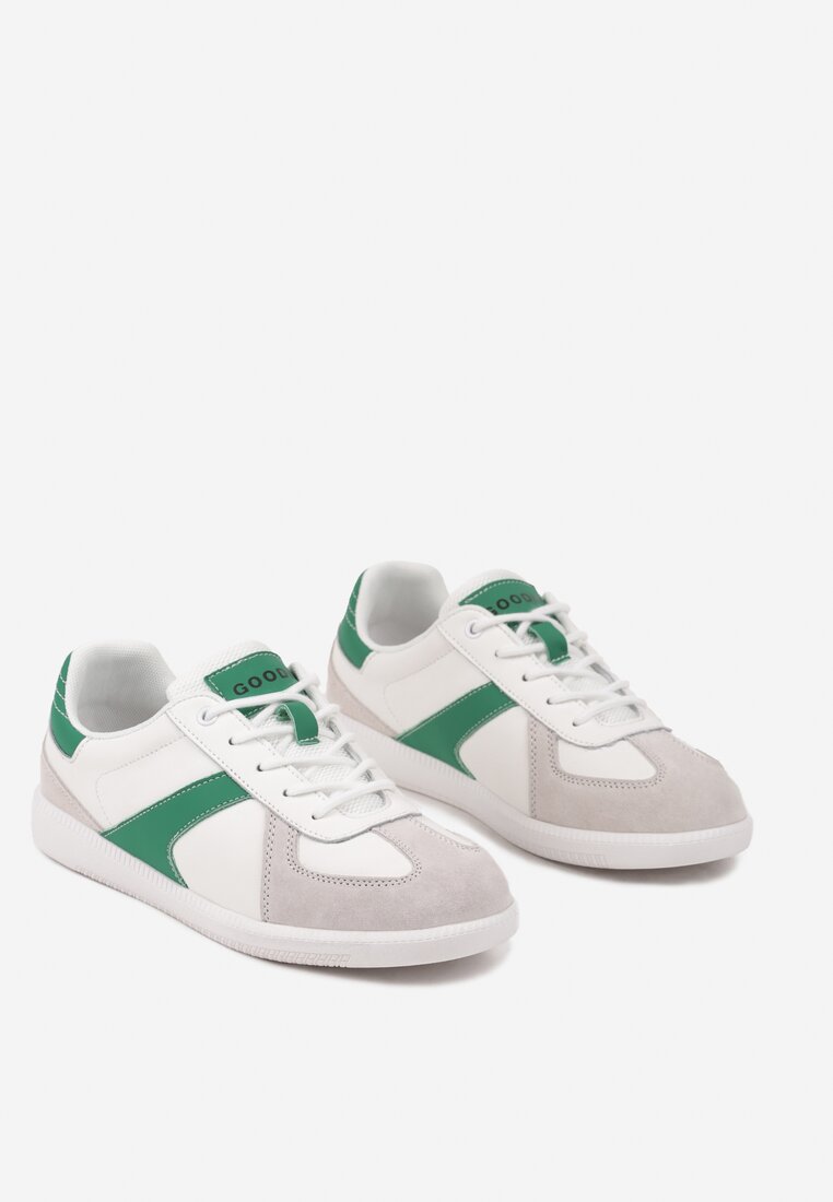 Biało-Zielone Sneakersy ze Skóry Naturalnej na Płaskiej Podeszwie z Ozdobnymi Przeszyciami Verima