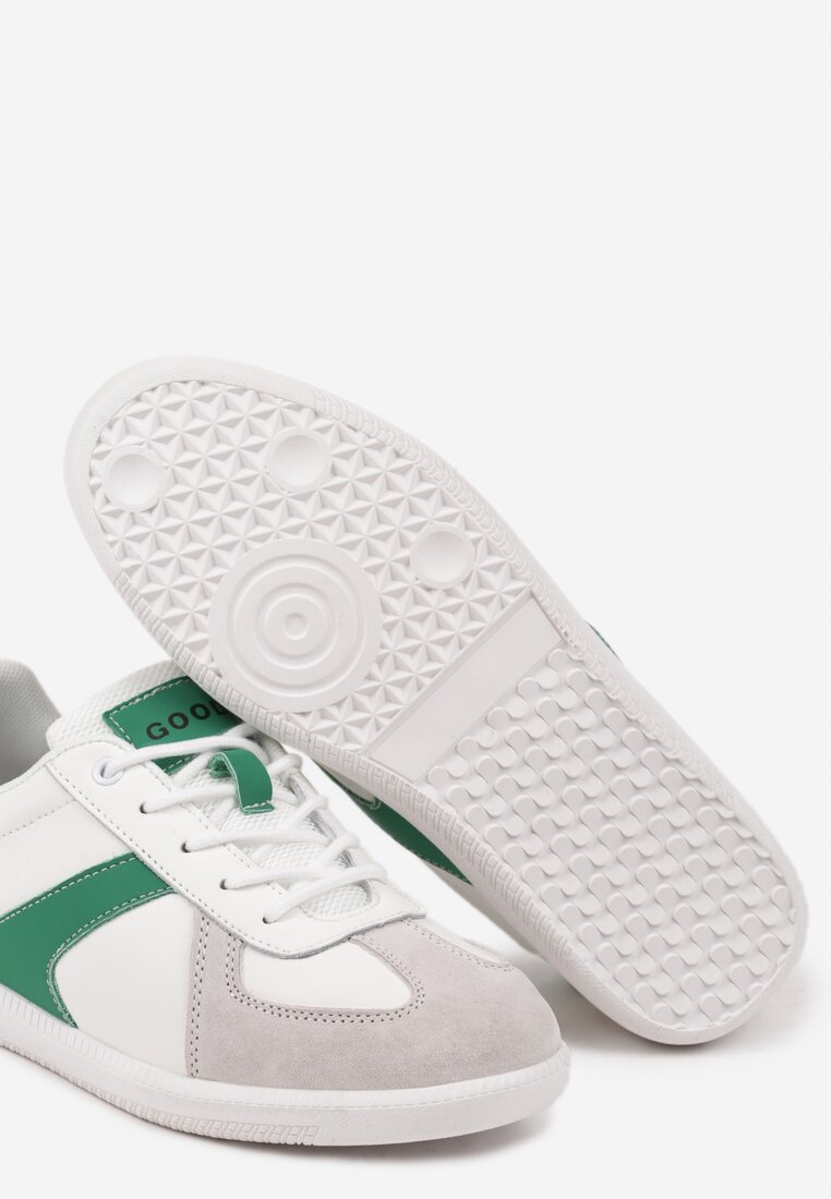 Biało-Zielone Sneakersy ze Skóry Naturalnej na Płaskiej Podeszwie z Ozdobnymi Przeszyciami Verima