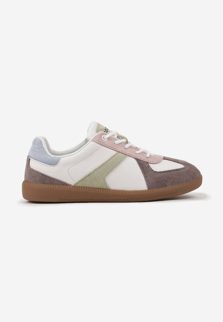 Brązowo-Białe Sneakersy ze Skóry Naturalnej na Płaskiej Podeszwie z Ozdobnymi Przeszyciami Verima