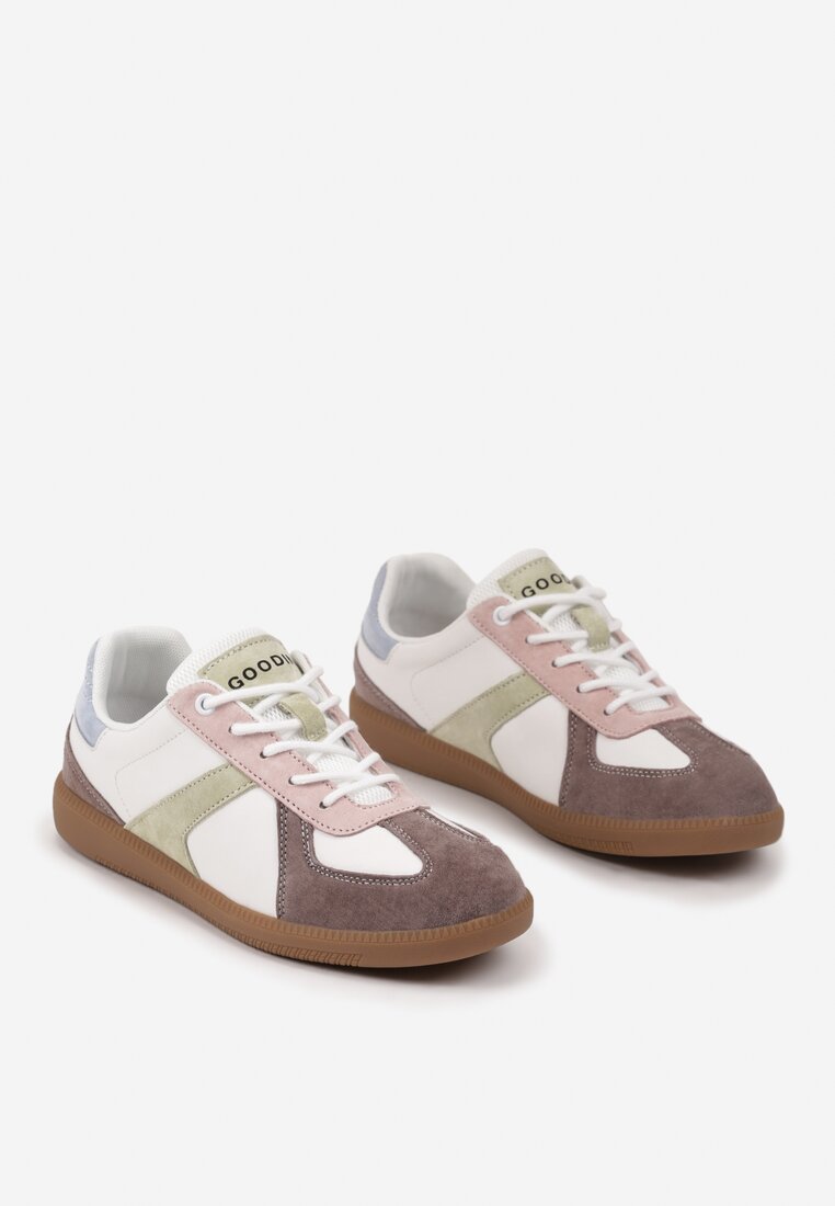 Brązowo-Białe Sneakersy ze Skóry Naturalnej na Płaskiej Podeszwie z Ozdobnymi Przeszyciami Verima