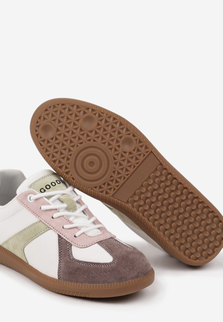 Brązowo-Białe Sneakersy ze Skóry Naturalnej na Płaskiej Podeszwie z Ozdobnymi Przeszyciami Verima
